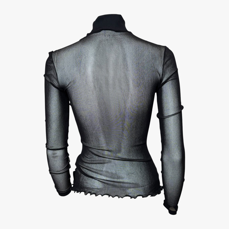 Black mesh turtleneck by Dolce & Gabbana with Virgin Mary photographic print, detail view