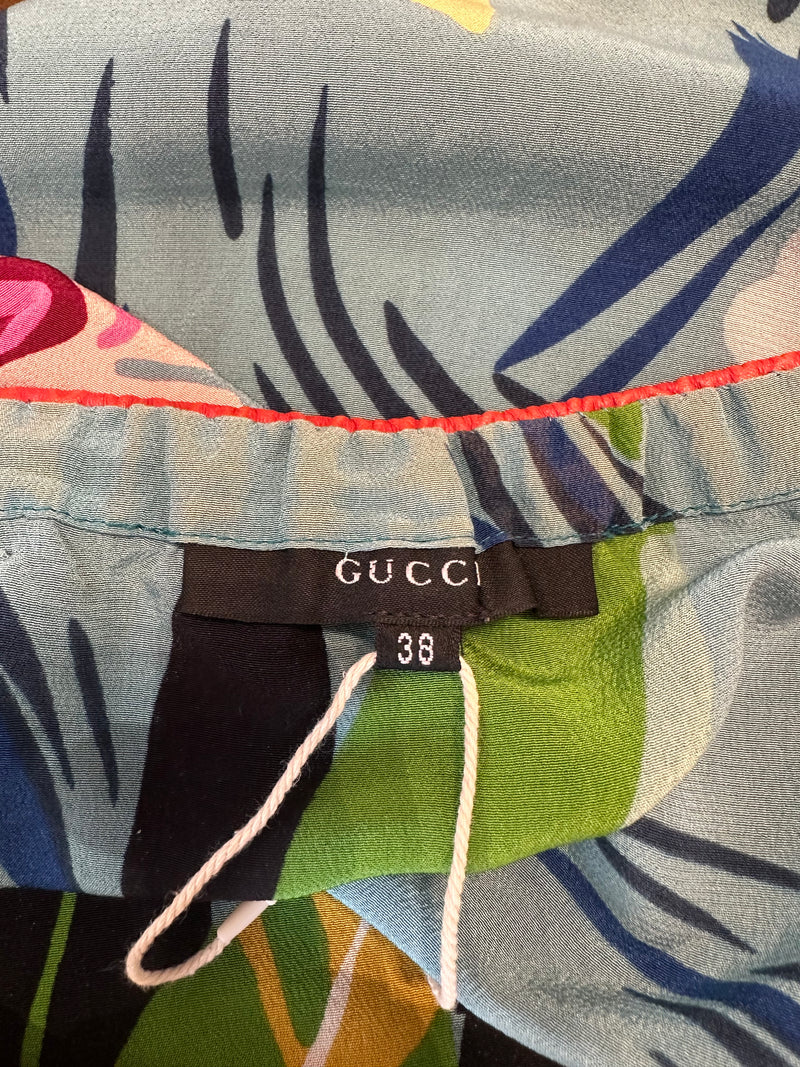 Gucci by Tom Ford S/S 1999 Teal Botanical-Print Double-Frill Hem Skirt