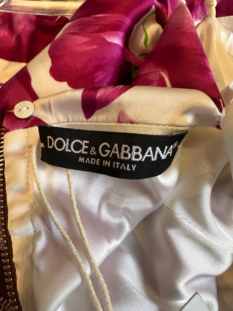 Dolce & Gabbana S/S 2008 White And Magenta Poppy-Print Ruched Silk Mini Dress