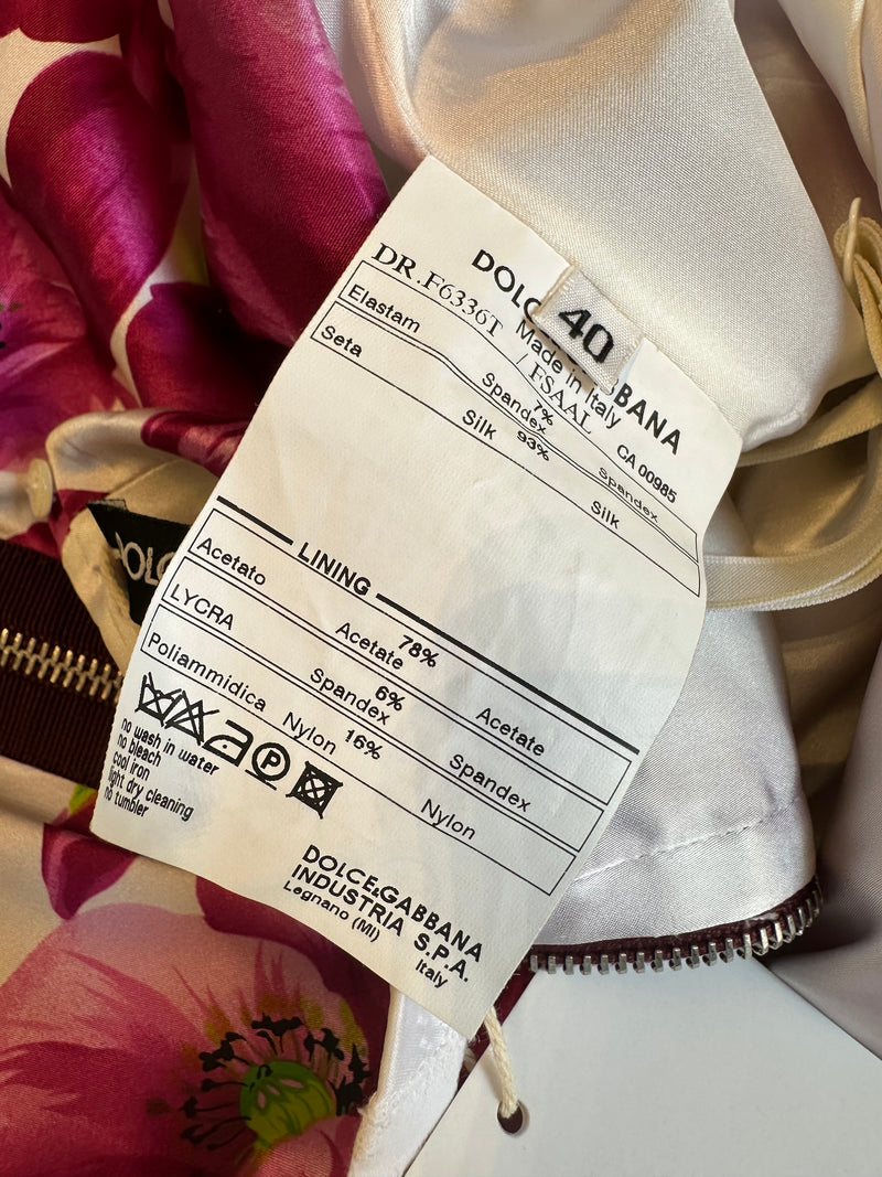 Dolce & Gabbana S/S 2008 White And Magenta Poppy-Print Ruched Silk Mini Dress