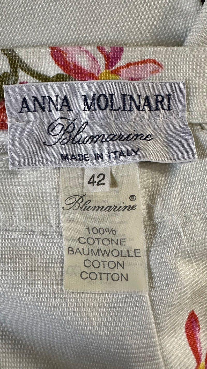 Anna Molinari S/S 1992 Blumarine White Floral-Print Cotton Peplum Bustier And Tapered Trouser Ensemble