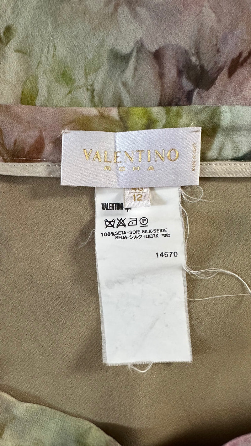 Valentino 2000s Watercolour Rose-Print Silk Bias-Cut Midi Skirt
