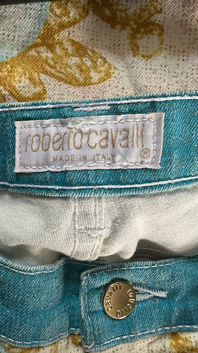 Roberto Cavalli S/S 2001 Turquoise & Cream Liz Eye Straight-Leg Denim Jeans