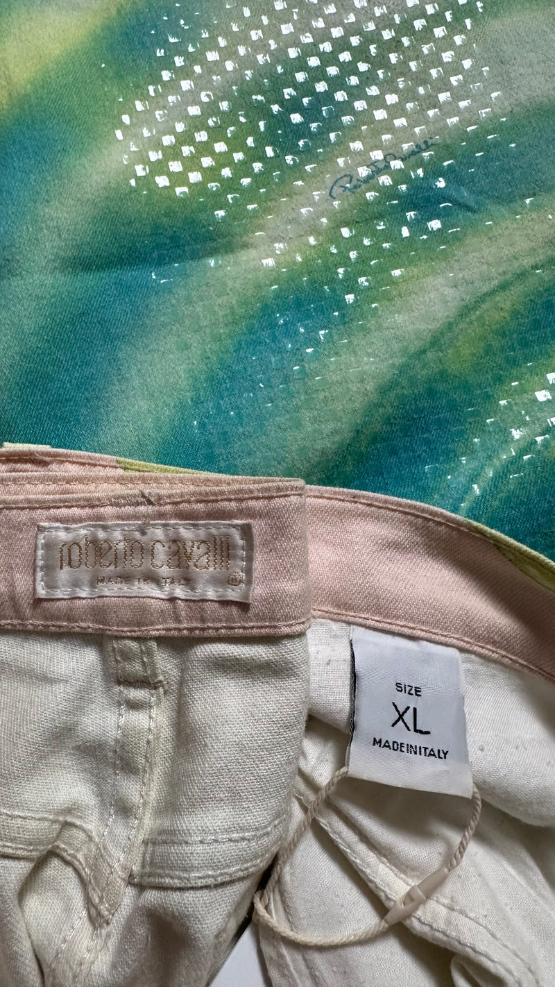 Roberto Cavalli S/S 2001 Teal And Lime Optical Illusion Print Straight-Leg Denim Jeans