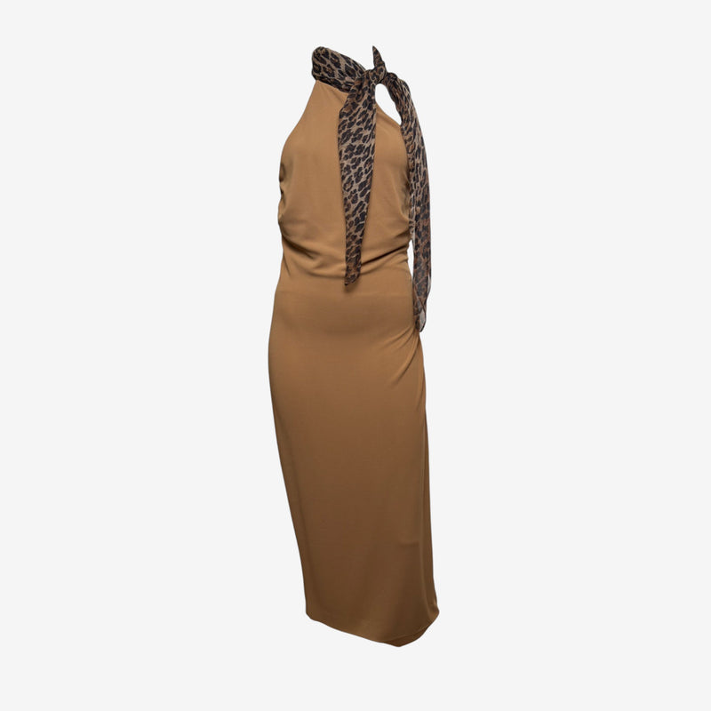 Dolce & Gabbana F/W 2000 Camel Halterneck Leopard-Print Scarf Midi Dress