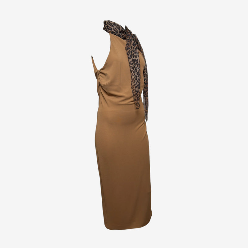Dolce & Gabbana F/W 2000 Camel Halterneck Leopard-Print Scarf Midi Dress