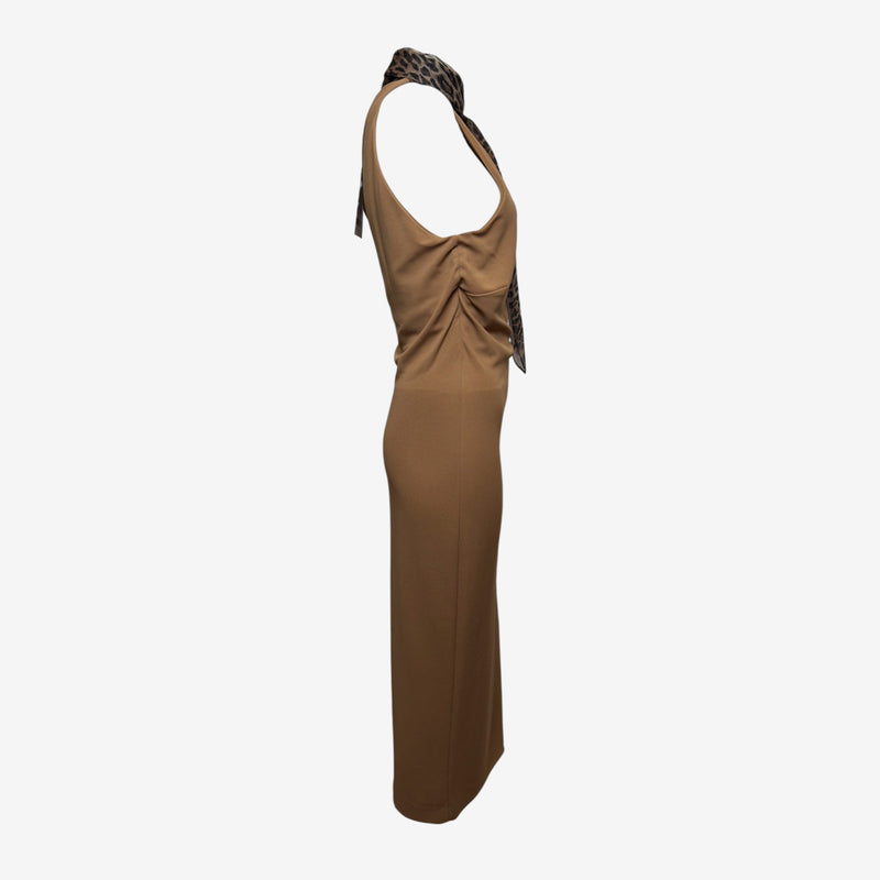 Dolce & Gabbana F/W 2000 Camel Halterneck Leopard-Print Scarf Midi Dress