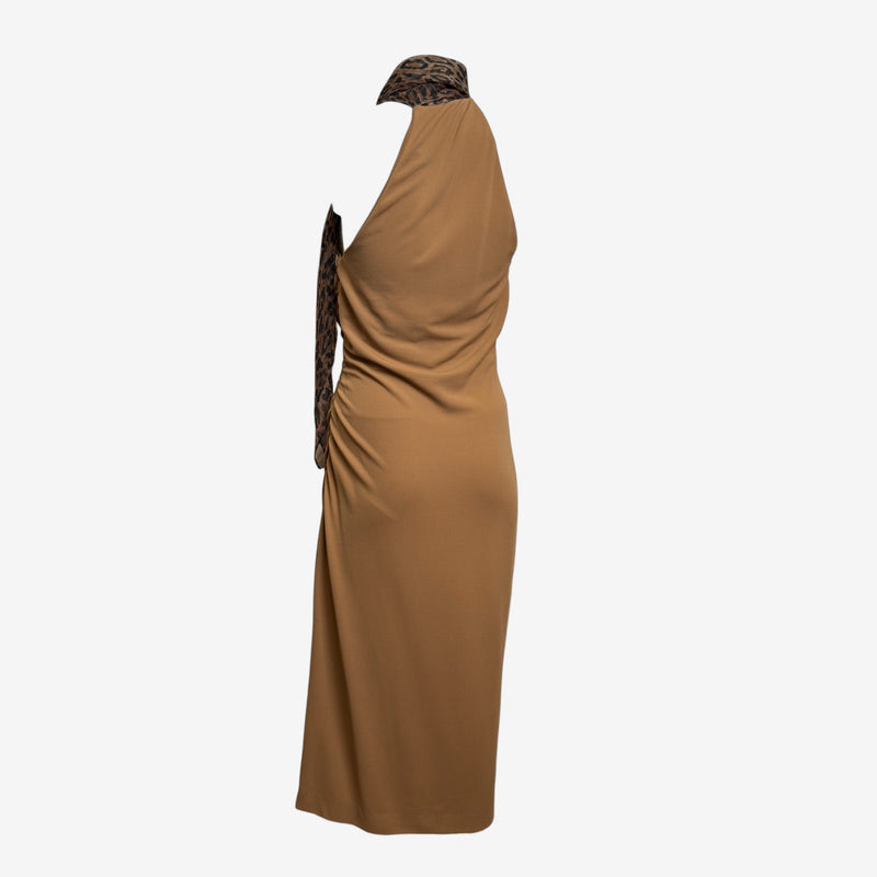 Dolce & Gabbana F/W 2000 Camel Halterneck Leopard-Print Scarf Midi Dress