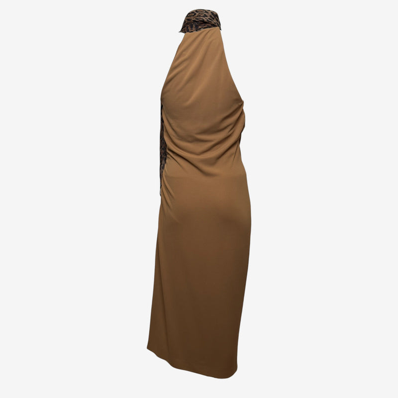Dolce & Gabbana F/W 2000 Camel Halterneck Leopard-Print Scarf Midi Dress