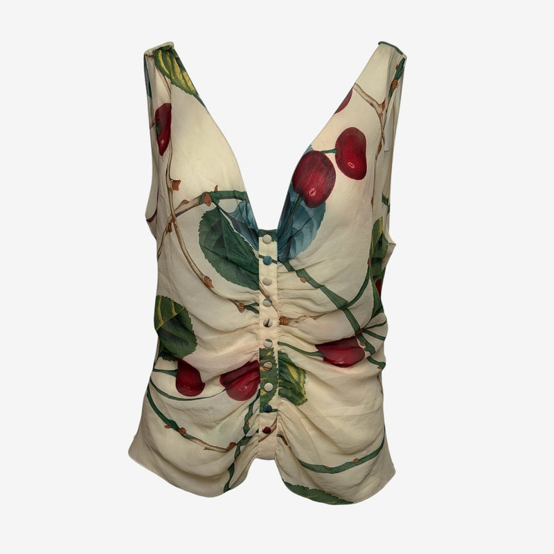 John Galliano F/W 2003 Cream Cherry-Print Ruched Sleeveless Top