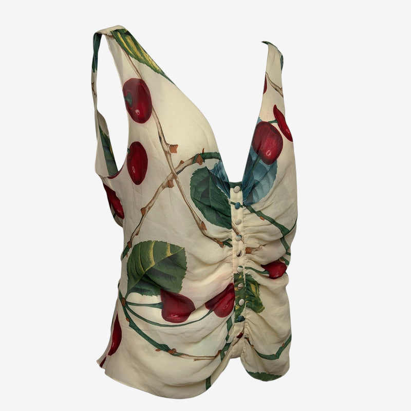 John Galliano F/W 2003 Cream Cherry-Print Ruched Sleeveless Top