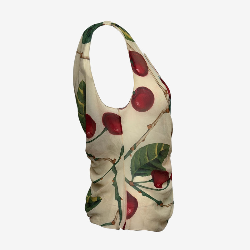 John Galliano F/W 2003 Cream Cherry-Print Ruched Sleeveless Top