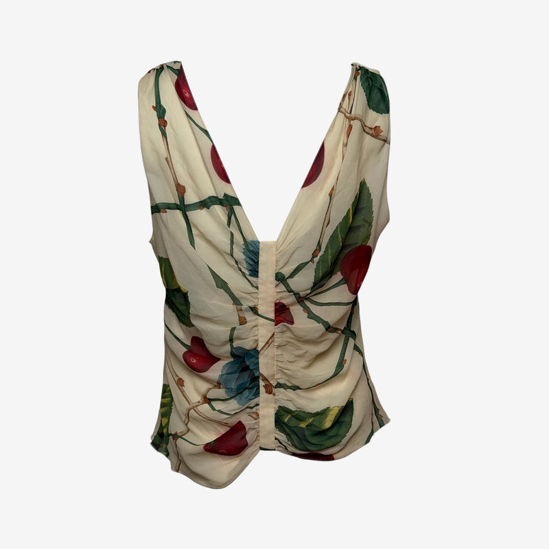 John Galliano F/W 2003 Cream Cherry-Print Ruched Sleeveless Top