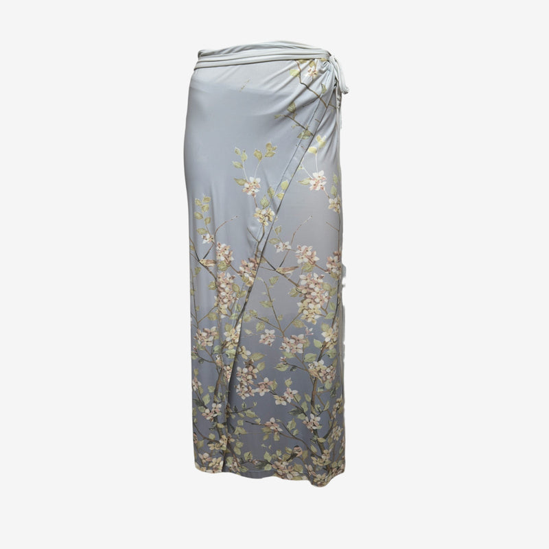 Roberto Cavalli S/S 1998 Grey Cherry Blossom Print Wrap Midi Skirt