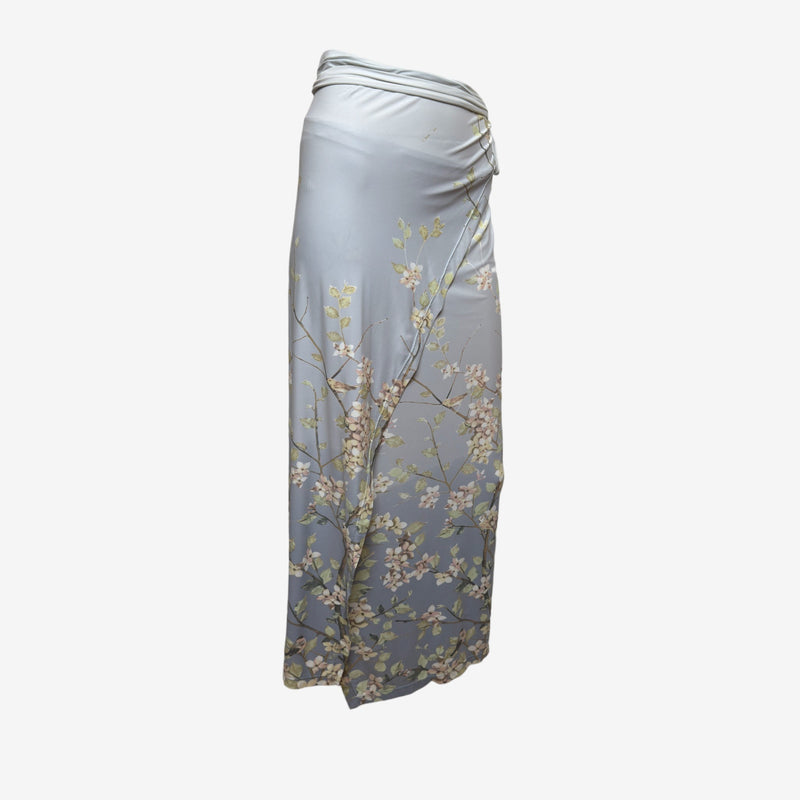 Roberto Cavalli S/S 1998 Grey Cherry Blossom Print Wrap Midi Skirt