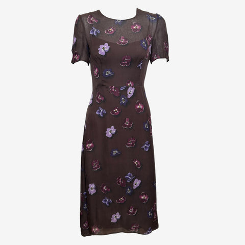 Prada F/W 2000 Brown Silk Chiffon Pansy-Print Midi Dress With Slip