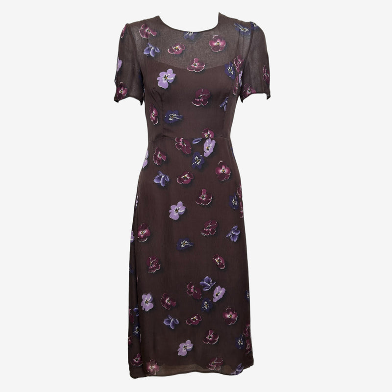 Prada F/W 2000 Brown Silk Chiffon Pansy-Print Midi Dress With Slip