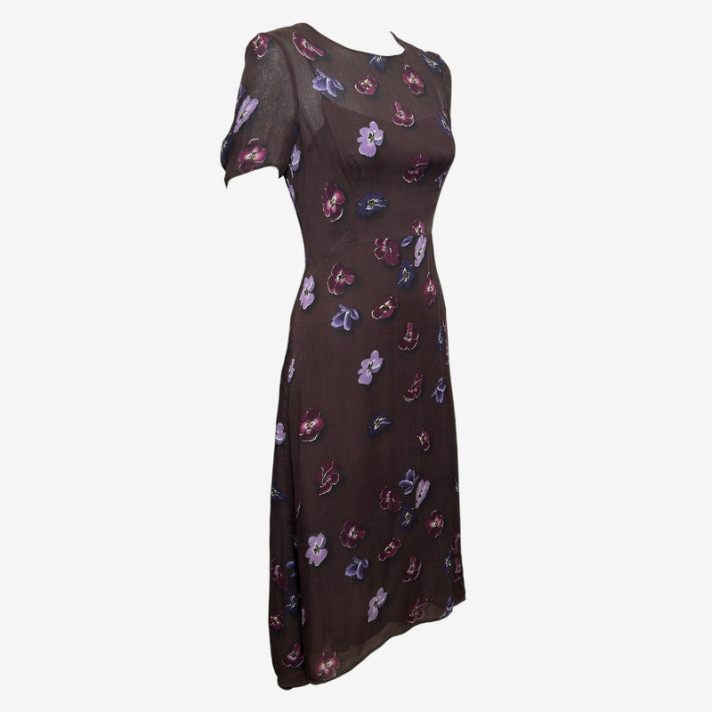 Prada F/W 2000 Brown Silk Chiffon Pansy-Print Midi Dress With Slip