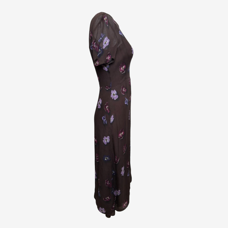 Prada F/W 2000 Brown Silk Chiffon Pansy-Print Midi Dress With Slip
