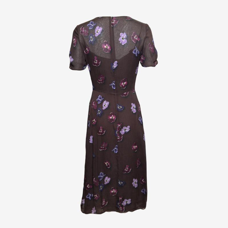 Prada F/W 2000 Brown Silk Chiffon Pansy-Print Midi Dress With Slip