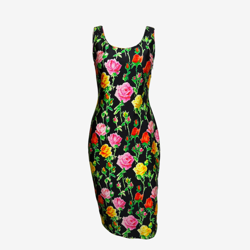 Gianni Versace S/S 1995 Black Floral-Printed Sleeveless Midi Dress
