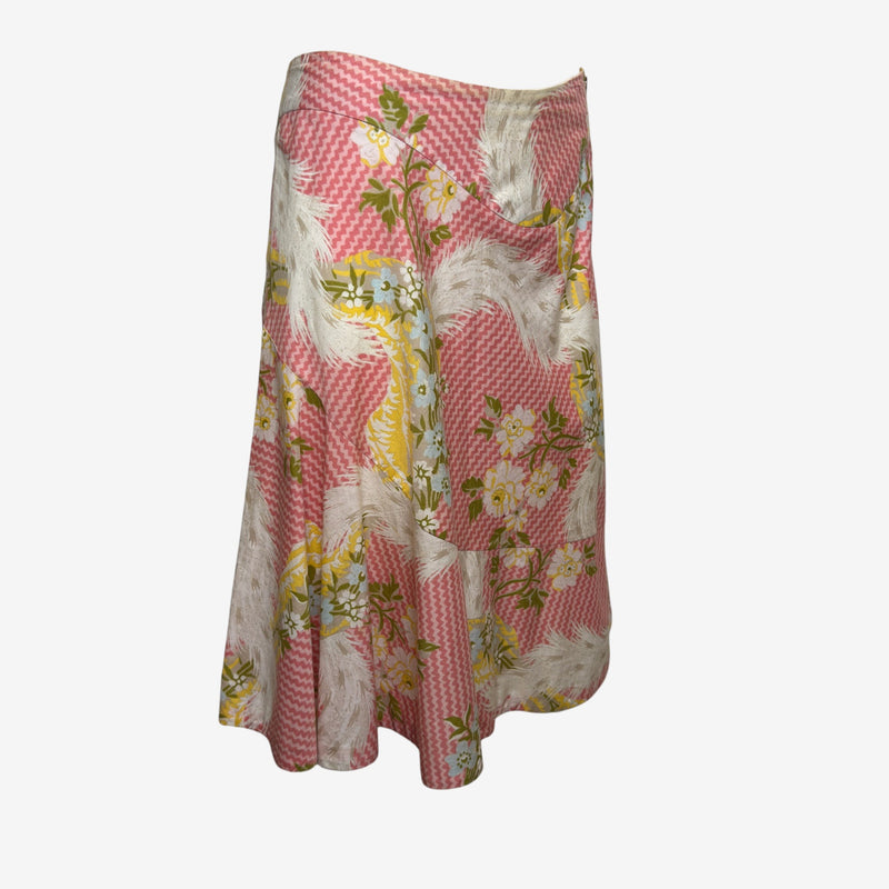 Vivienne Westwood S/S 2001 Pink Floral And Feather-Print Panelled A-Line Midi Skirt
