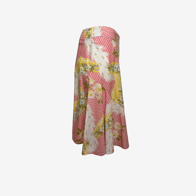 Vivienne Westwood S/S 2001 Pink Floral And Feather-Print Panelled A-Line Midi Skirt
