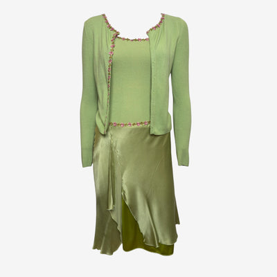 Blumarine Early 2000s Pistachio Green Floral-Embellished Knit And Satin Three-Piece Ensemble
