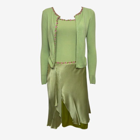 Blumarine Early 2000s Pistachio Green Floral-Embellished Knit And Satin Three-Piece Ensemble