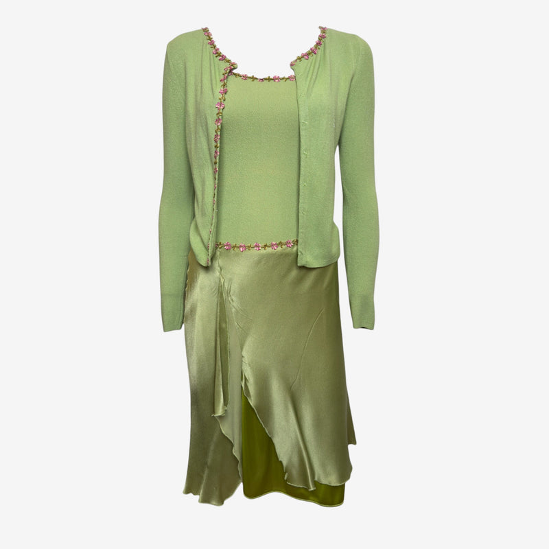 Blumarine Early 2000s Pistachio Green Floral-Embellished Knit And Satin Three-Piece Ensemble