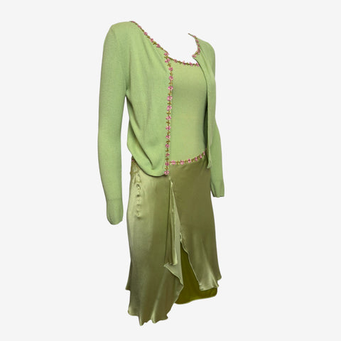 Blumarine Early 2000s Pistachio Green Floral-Embellished Knit And Satin Three-Piece Ensemble