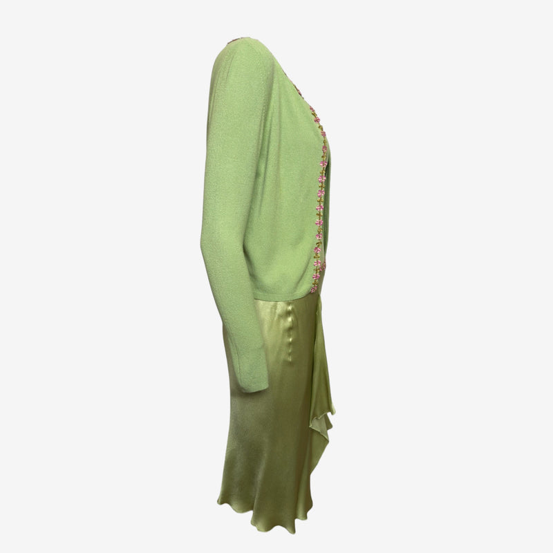 Blumarine Early 2000s Pistachio Green Floral-Embellished Knit And Satin Three-Piece Ensemble