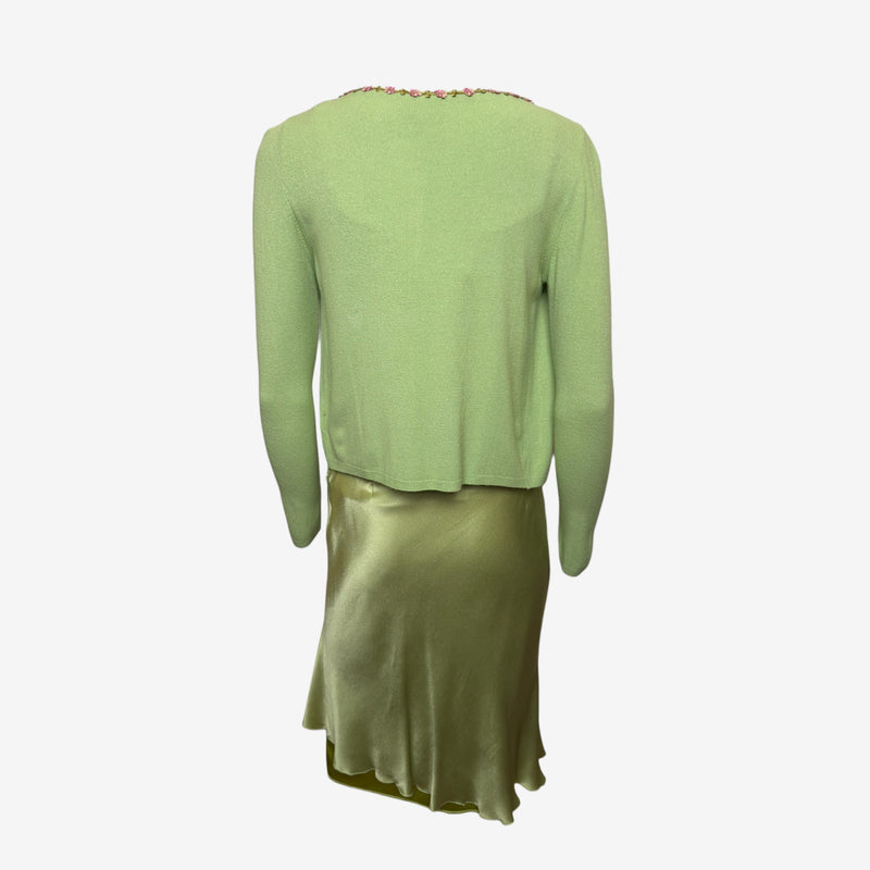 Blumarine Early 2000s Pistachio Green Floral-Embellished Knit And Satin Three-Piece Ensemble