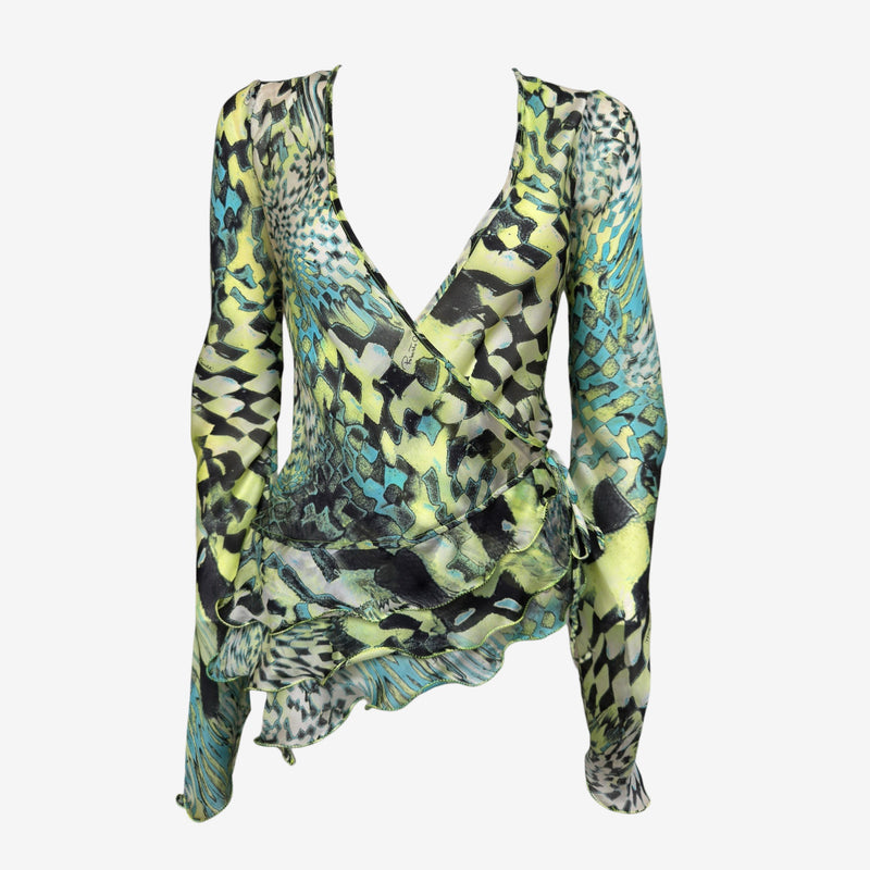 Roberto Cavalli F/W 2003 Lime, Turquoise & Black Abstract-Print Wrap Top