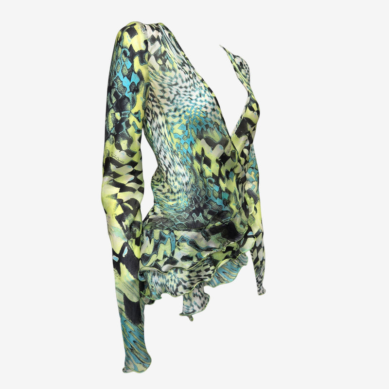 Roberto Cavalli F/W 2003 Lime, Turquoise & Black Abstract-Print Wrap Top