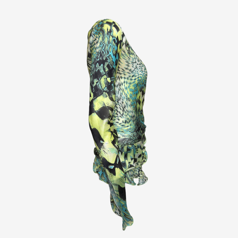 Roberto Cavalli F/W 2003 Lime, Turquoise & Black Abstract-Print Wrap Top