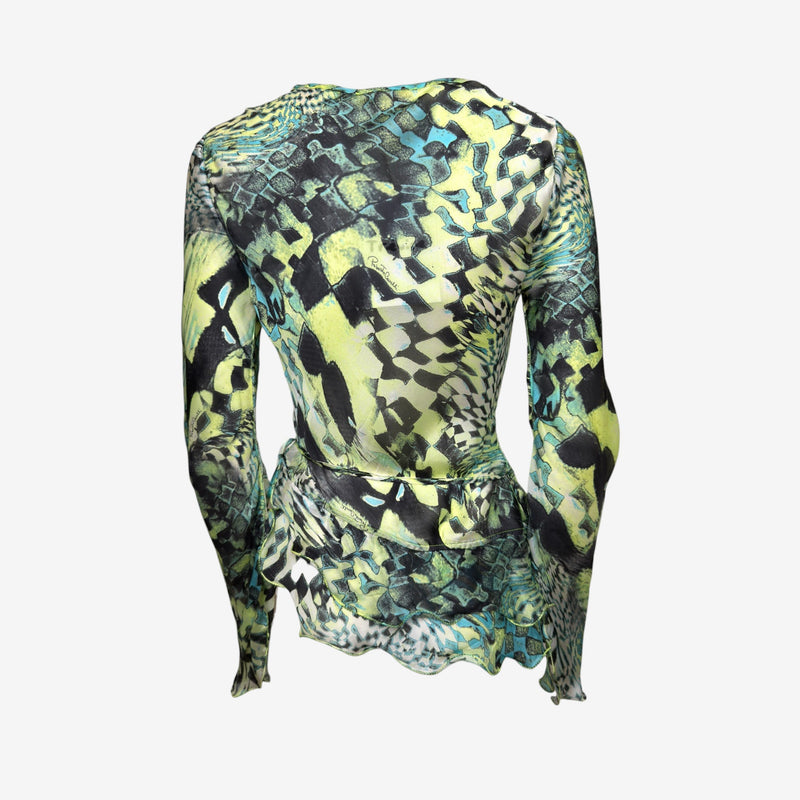 Roberto Cavalli F/W 2003 Lime, Turquoise & Black Abstract-Print Wrap Top