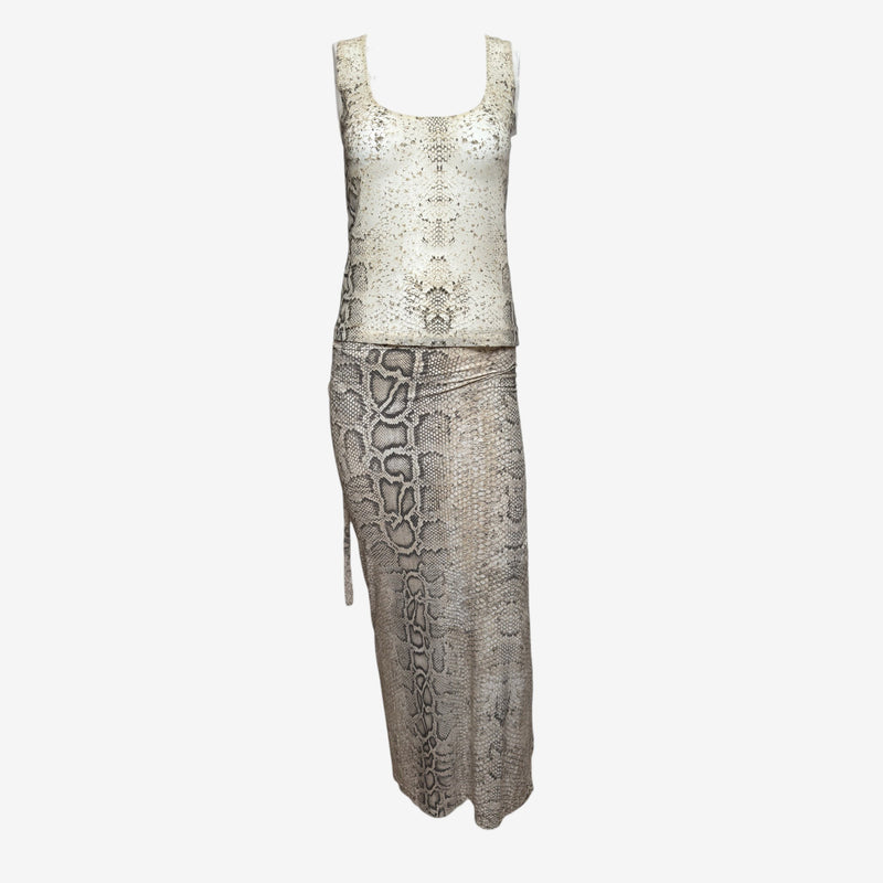Roberto Cavalli S/S 1998 Ivory And Stone Snake-Print Tank Top And Wrap Maxi Skirt Ensemble