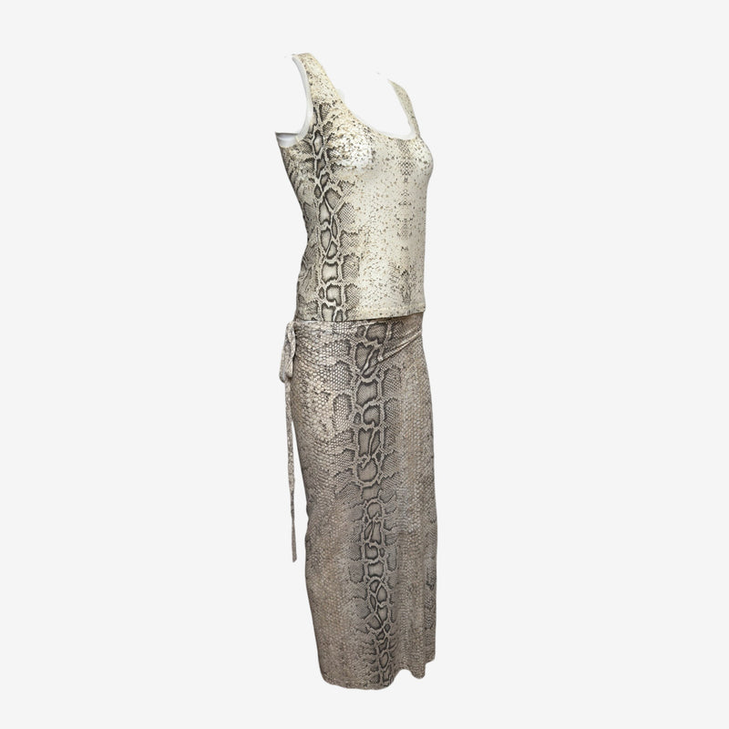 Roberto Cavalli S/S 1998 Ivory And Stone Snake-Print Tank Top And Wrap Maxi Skirt Ensemble