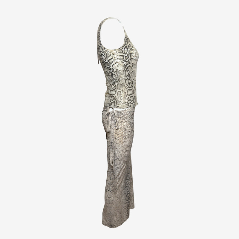 Roberto Cavalli S/S 1998 Ivory And Stone Snake-Print Tank Top And Wrap Maxi Skirt Ensemble