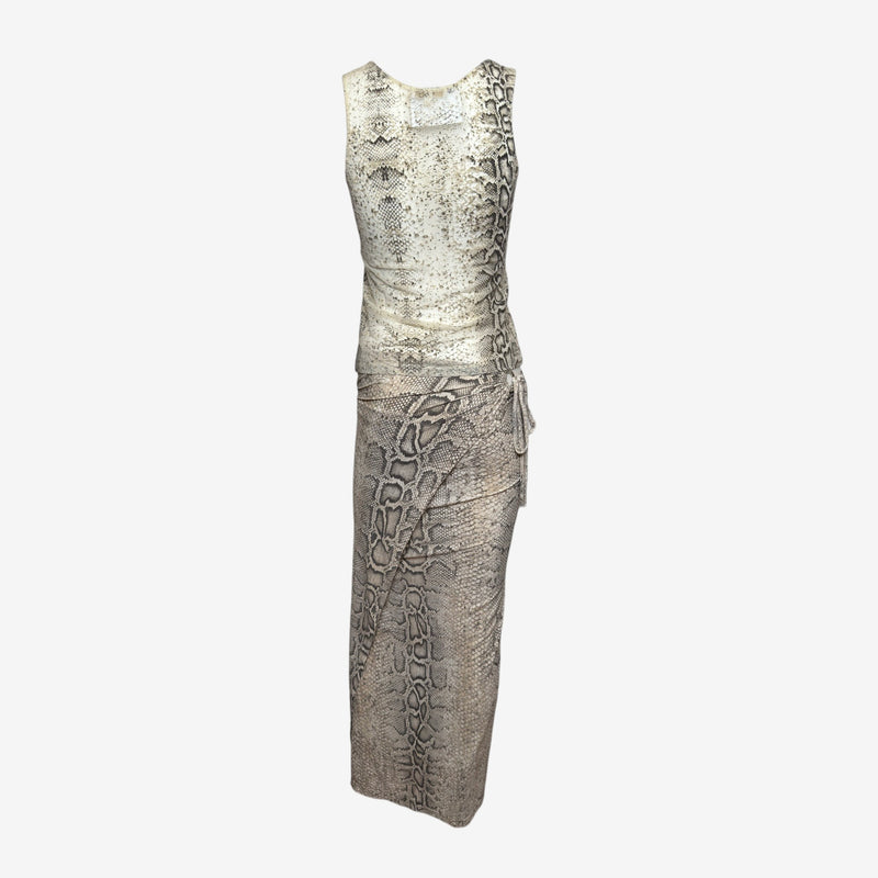 Roberto Cavalli S/S 1998 Ivory And Stone Snake-Print Tank Top And Wrap Maxi Skirt Ensemble
