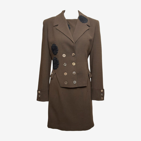 John Galliano F/W 2000 Khaki Brown Floral-Appliqué Double-Breasted Jacket And Shift Dress Ensemble