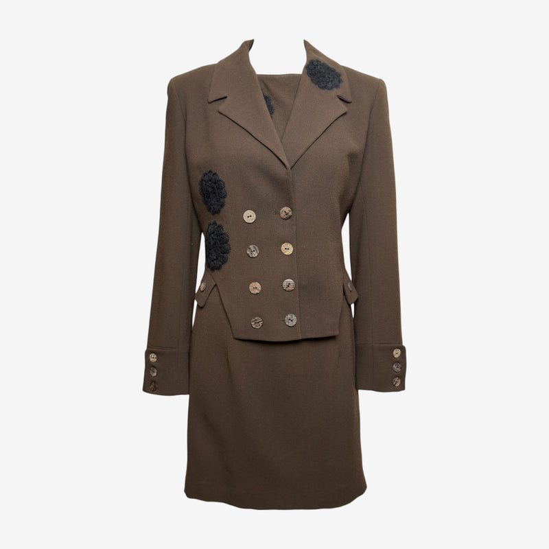 John Galliano F/W 2000 Khaki Brown Floral-Appliqué Double-Breasted Jacket And Shift Dress Ensemble
