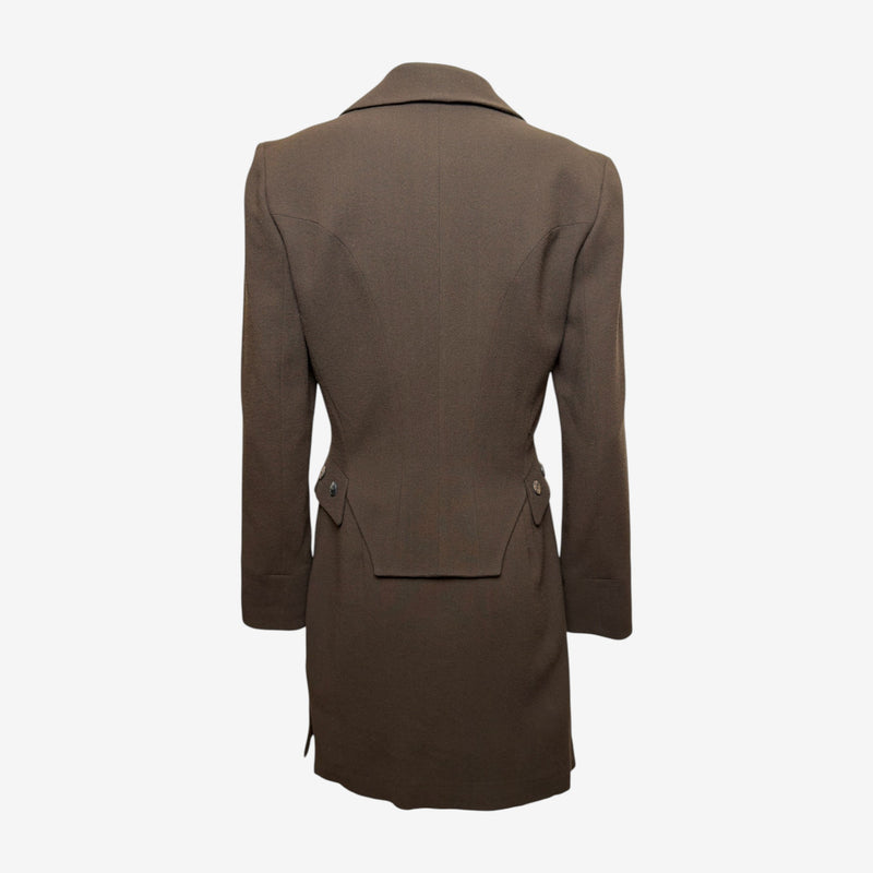John Galliano F/W 2000 Khaki Brown Floral-Appliqué Double-Breasted Jacket And Shift Dress Ensemble