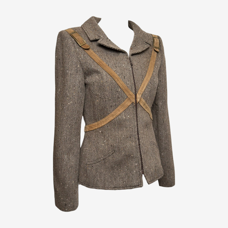 Valentino F/W 2005 Brown Herringbone Tweed Harness-Strap Jacket