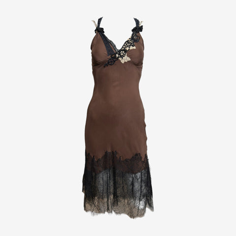 Lolita Lempicka 1990s Brown Beaded Lace-Trimmed Slip Dress