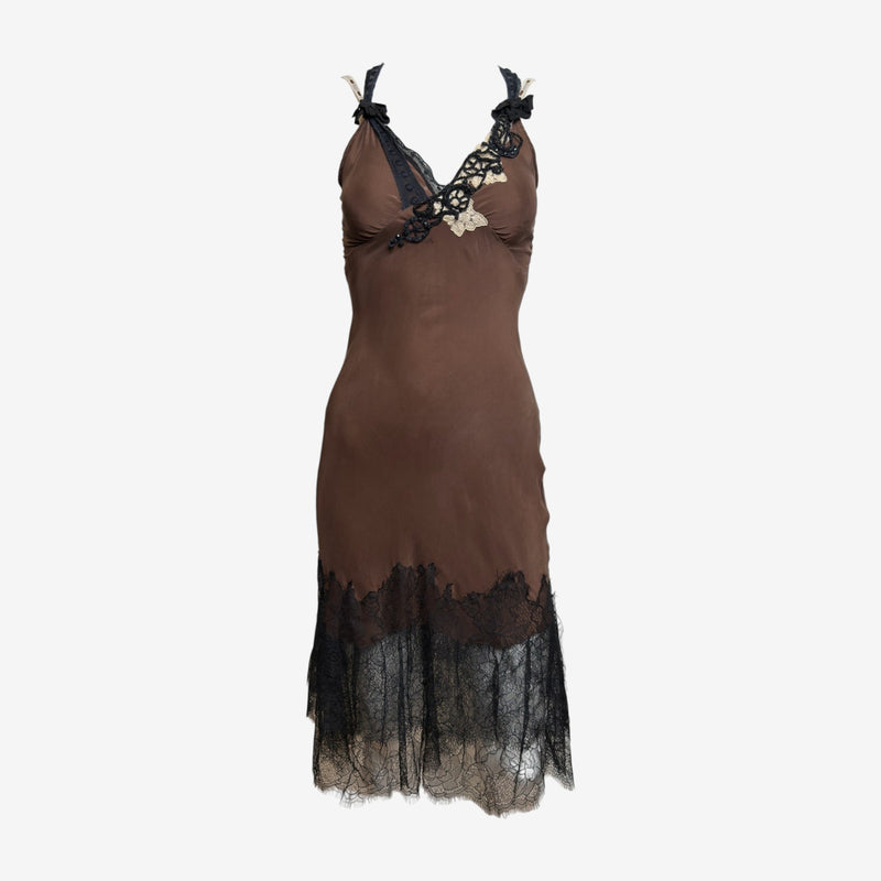 Lolita Lempicka 1990s Brown Beaded Lace-Trimmed Slip Dress