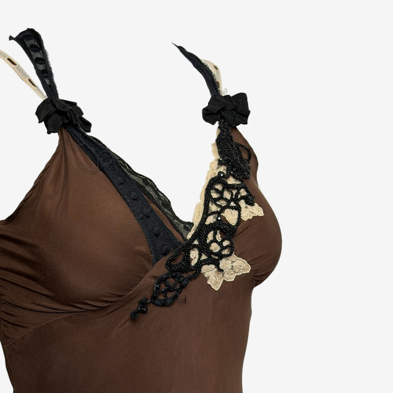 Lolita Lempicka 1990s Brown Beaded Lace-Trimmed Slip Dress