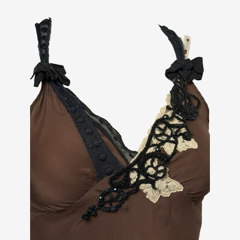 Lolita Lempicka 1990s Brown Beaded Lace-Trimmed Slip Dress
