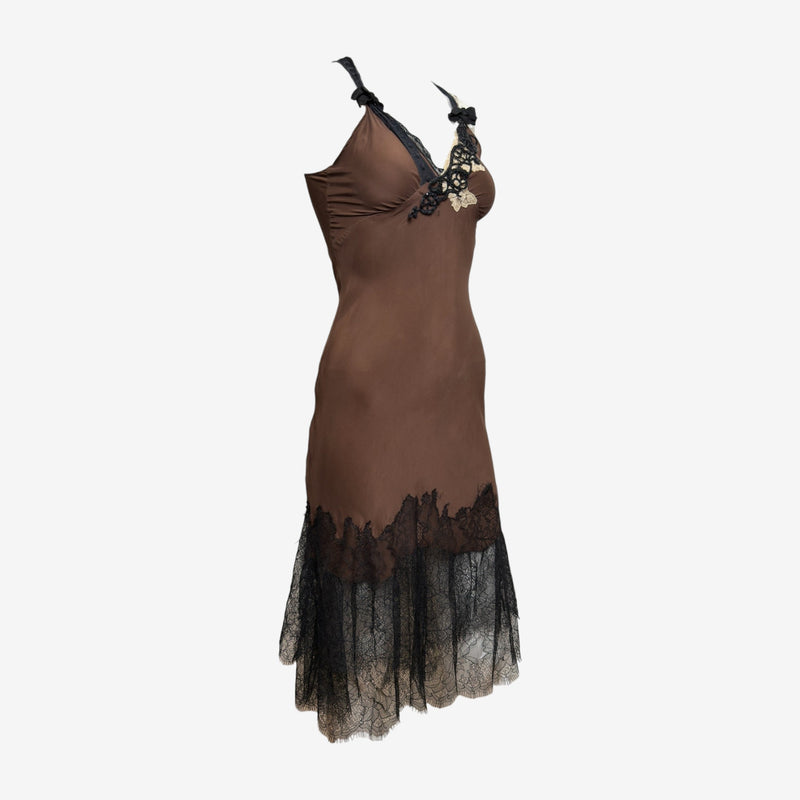 Lolita Lempicka 1990s Brown Beaded Lace-Trimmed Slip Dress